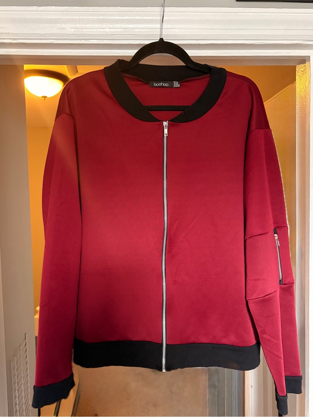 Boohoo Red Bomber Jacket with Black Trim